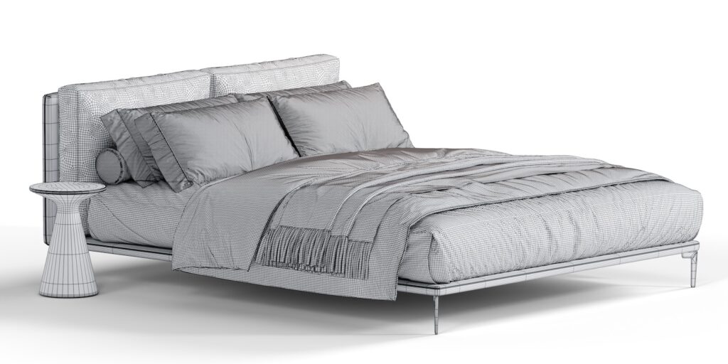 Profesjonalne modelowanie 3D mebli – siatka topologiczna nowoczesnego łóżka z pościelą, gotowa do wizualizacji.