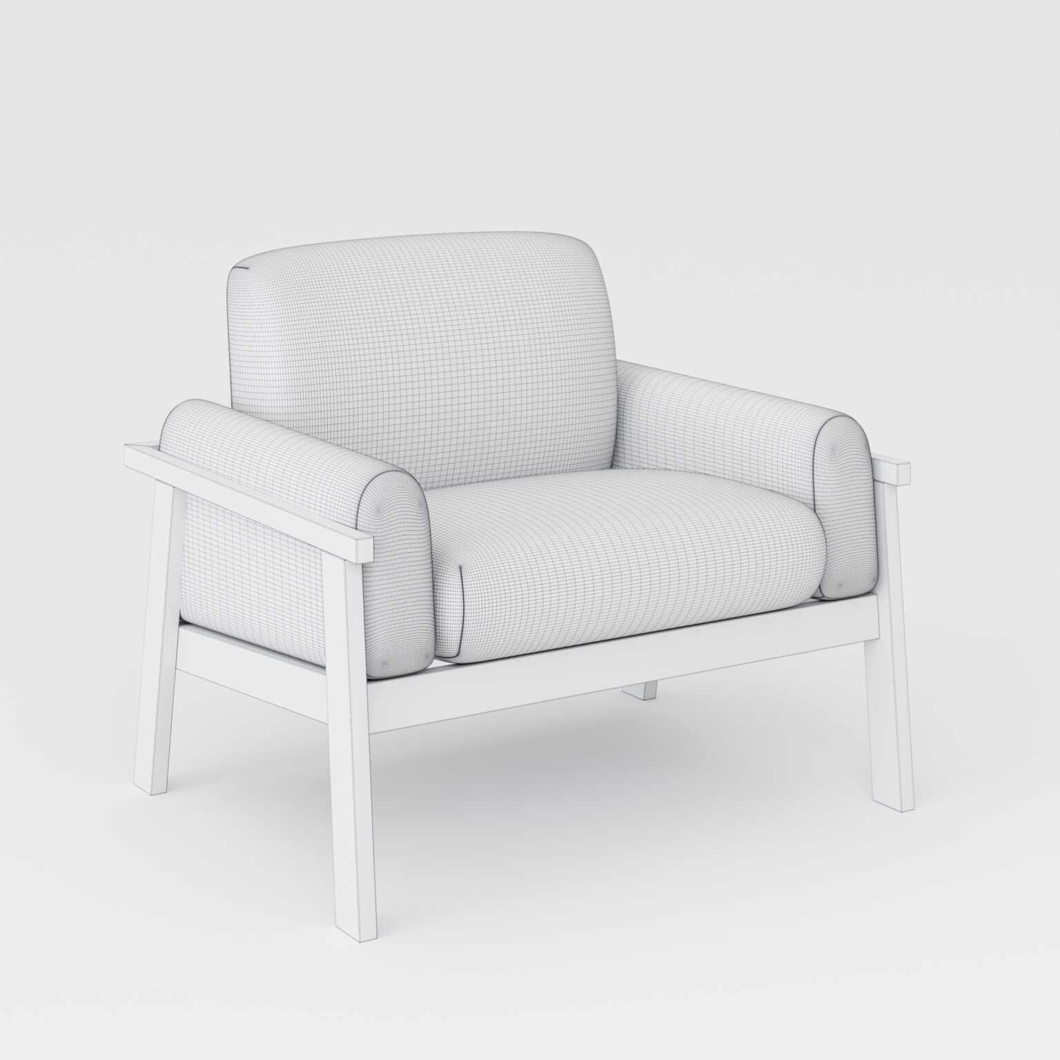 Tworzenie modeli 3D mebli – fotel z drewnianą konstrukcją przedstawiony jako model siatkowy (wireframe).