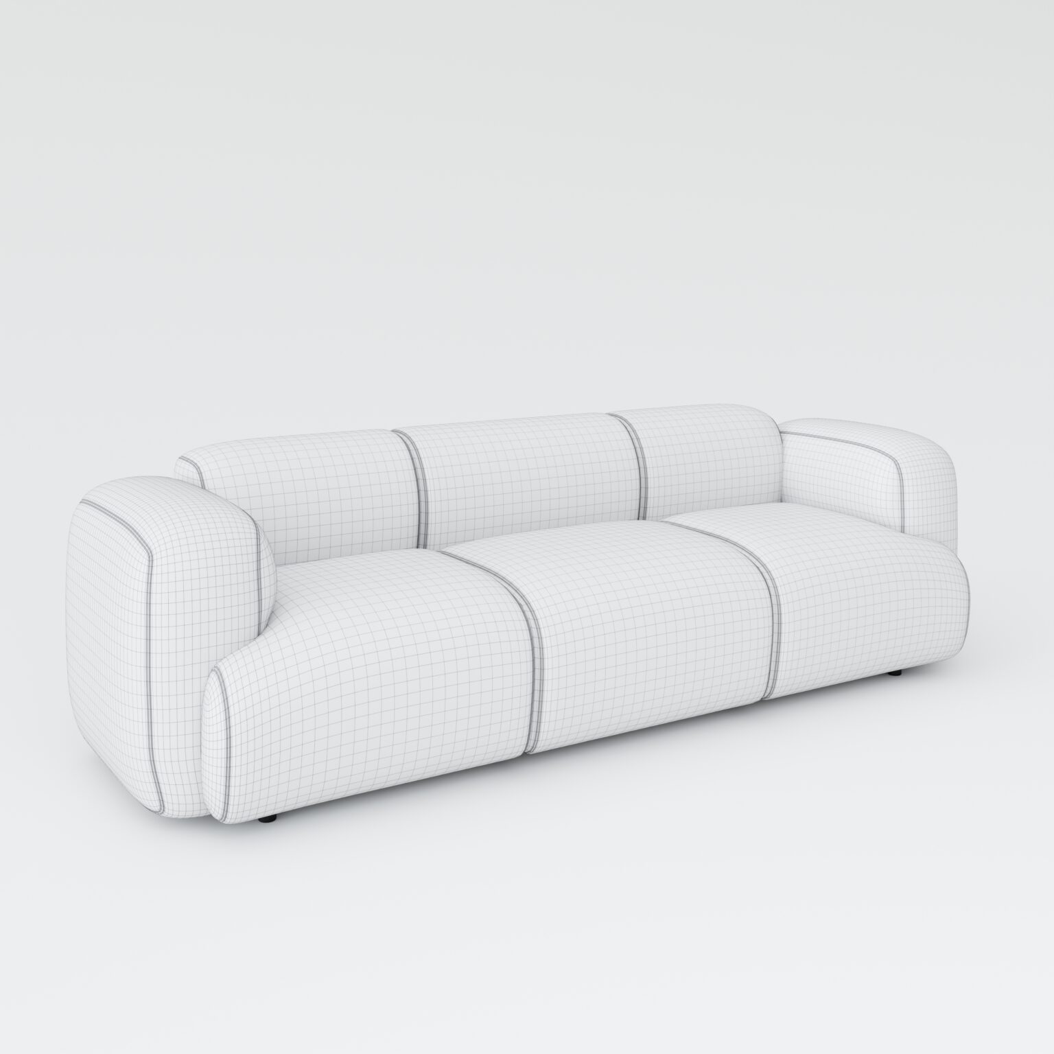 Modelowanie 3D mebli tapicerowanych – czysta siatka 3D designerskiej sofy z widocznymi szwami.