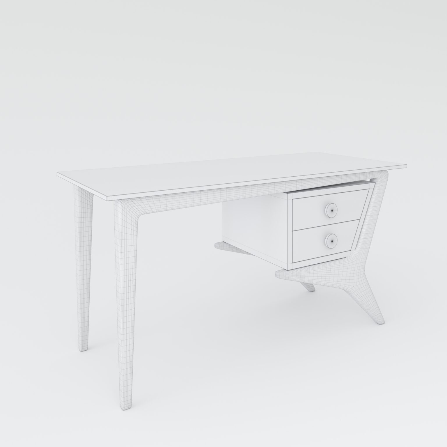 Precyzyjny model 3D biurka w stylu retro z widoczną siatką poligonalną – usługa modelowania mebli 3D.